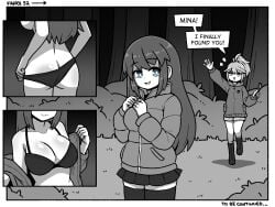 blue_eyes bra breasts comic english_text fairy female female_only inksgirls mina_(inksgirls) monochrome multiple_girls page_52 panties river_(inksgirls) shrinking skirt spot_color tagme to_be_continued