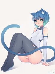 animal_ears blue_eyes blue_hair borrowed_character bottomless cat_ears cat_tail chicapixel detached_sleeves female highres leotard original pussy short_hair sitting solo tail thighhighs uncensored