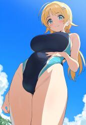 1futa ai_generated big_breasts blonde_futa blonde_hair blue_eyes breasts bulge bulge_through_clothing clothed clothed_futanari clouds competition_swimsuit cute dickgirl doseogwan erect_penis from_below futa_only futanari hachimiya_meguru highleg_swimsuit idolmaster idolmaster_shiny_colors long_hair looking_at_viewer looking_down looking_down_at_viewer low_angle one-piece_swimsuit outside penis penis_bulge penis_under_clothes sky smile solo solo_futa standing sunny swimsuit the_idolm@ster the_idolm@ster_shiny_colors visible_penis_shape wide_hips