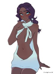 1girls blue_eyes blush condylonucla dark-skinned_female dark_skin purple_hair reverse_virgin_killer_sweater small_breasts solo