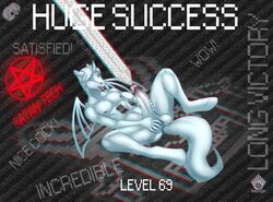 1boy 2016 anthro balls big_penis cum english_text equine erection glans heterochromia holding_penis libra-11 male male_only mammal masturbation nude open_mouth pattern_background penis pentagram simple_background solo spread_legs spreading striped_background text tongue tongue_out video_games what wings