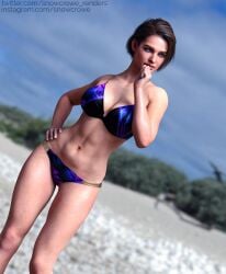 3d 3d_(artwork) 3d_model beach big_breasts blue_eyes brown_hair capcom cleavage day daytime island jill_valentine jill_valentine_(sasha_zotova) paradise petite petite_body petite_female resident_evil resident_evil_3 resident_evil_3_remake snowcrowe solo solo_female solo_focus swimsuit swimwear vacation