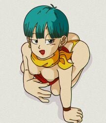 ass bandana bandana_on_neck blue_eyes blue_hair breasts bulma_briefs dragon_ball dragon_ball_z earrings hexanne inviting kneeling milf pulling_shirt revealing_breasts seductive_look short_hair showing_breasts solo tagme thong