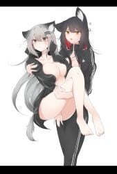 2girls animal_ear_fluff animal_ears arknights bare_legs barefoot big_breasts black_hair carrying covering feet hi_res jacket_only kemonomimi lappland_(arknights) lifted lifted_by_another light-skinned_female light_skin no_bra no_panties samip simple_background standing texas_(arknights) white_hair wolf_ears wolf_girl wolf_tail yuri