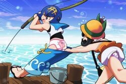 2girls blue_hair childish_panties euf-dreamer female female_only fishing human lana_(pokemon) multiple_girls panties pants_pull pokemon print_panties underwear