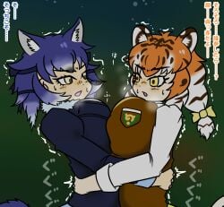 2girls bearhug blue_hair breast_press catfight clothed dire_wolf_(kemono_friends) female female_only fighting hug kemono_friends kemonomimi mutual_bearhug orange_hair siberian_tiger_(kemono_friends) symmetrical_docking tiger_ears tiger_girl titfight wolf_ears wolf_girl wrestling yuri