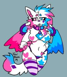 2019 anthro big_breasts blue_body blue_fur breasts canid canine clothing collar crystal_(kittydogcrystal) digital_media_(artwork) eyebrow_through_hair eyebrows eyelashes eyelashes_through_hair felid feline female foxi_boxi fur gradient_fur grey_background hair heart_(marking) hybrid legwear mammal markings multicolored_body multicolored_fur navel nipples open_mouth panties pink_body pink_fur purple_body purple_fur signature simple_background solo spiky_hair star_(marking) tail thick_thighs thigh_highs translucent translucent_hair underwear unusual_anatomy unusual_nipples white_body white_fur wings