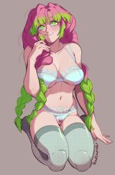 absurdres badlavender blush braid breasts brown_background crotchless demon_slayer demon_slayer_uniform female female_pubic_hair gradient_hair green_eyes green_hair grey_thighhighs hand_up heart-shaped_pubic_hair highres kanroji_mitsuri kimetsu_no_yaiba large_breasts long_hair mole mole_under_eye multicolored_hair navel panties pink_hair pubic_hair pussy_cutout shaped_pubic_hair smile solo thighhighs twin_braids underwear white_panties