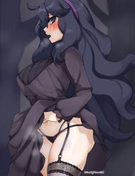 1girls blush condylonucla garter_straps hex_maniac horny large_ass large_breasts lifting_skirt nintendo pokemon purple_eyes purple_hair solo