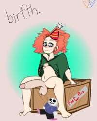 big_hair birthday blue_eyes blush bottomless embarrassed huge_cock large_penis lifting_shirt male_only oversized_clothes oversized_shirt poshmoon presenting presenting_penis red_hair simple_background sitting solo sweat sweatdrop sweating thick_penis