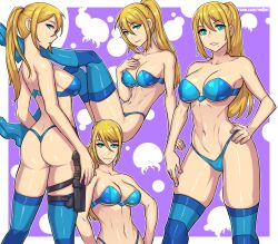 1girls ass blonde_hair blue_bra blue_lingerie blue_panties bra breasts female green_eyes gun hand_on_hip holster large_breasts lingerie looking_at_viewer metroid midriff mole mole_under_mouth navel nintendo panties ponytail redjet samus_aran thigh_strap thighhighs