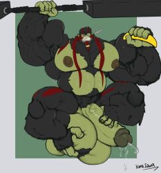 anthro ape balls banana beard big_balls big_breasts big_muscles big_penis bodily_fluids body_hair breasts erection facial_hair feet food foot_fetish foot_on_balls foot_on_penis foot_play fruit fur genital_fluids genitals gorilla green_body green_skin haplorhine hi_res huge_balls huge_breasts huge_cock huge_muscles humanoid hyper hyper_breasts hyper_genitalia hyper_muscles hyper_penis igroc_(secretkaal) kumalqwha male male_only mammal markings monkey musclegut muscular muscular_male nipples nude orc orc_male pecs penis plant precum primate solo sweat tattoo tusks