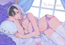 1girls azarashi_hapu beauty_mark beauty_mark_on_breasts bed belly_button black_hair blue_eyes blush bra breasts cleavage commission earring female female_only huge_breasts indoors l laying_down laying_on_bed laying_on_side light-skinned_female light_skin lingerie lingerie_only looking_at_viewer mer_unipi on_bed panties pillows plushie seal_plushie solo two_tone_hair underwear v-llage virtual_youtuber white_hair