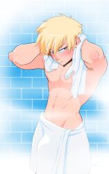 1boy after_shower aged_up bakugou_katsuki bulge bulge_through_clothing charlie_tooga happy_trail katsuki_bakugou male_only muscular_male my_hero_academia shower solo solo_focus solo_male towel_around_waist towel_on_head towel_only wet_body wet_hair