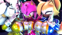 3girls amy_rose big_breasts female huge_breasts lanolin_the_sheep latex latex_suit laughing meat_corps multiple_girls palisal rubber rubber_suit shiny shiny_clothes size_comparison sonic_(series) sonic_the_hedgehog_(idw) sonic_the_hedgehog_(series) whisper_the_wolf