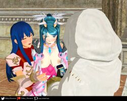 1boy 2girls 3d :o blue_hair blush breasts breasts_out caeda_(fire_emblem) closed_eyes embarrassed female female_focus fire_emblem fire_emblem:_mystery_of_the_emblem fire_emblem:_shadow_dragon_and_the_blade_of_light flashing gloves hair_between_eyes heavy_blush indoors kiran_(fire_emblem) kiran_(fire_emblem)_(male) long_hair looking_down medium_breasts mikey_obscurest nintendo nipples open_mouth oribe_tsubasa phone ponytail presenting presenting_breasts shocked smartphone teal_eyes teal_hair tokyo_mirage_sessions_#fe