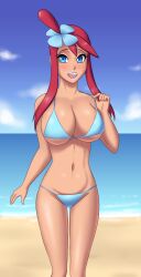 beach belly belly_button bikini blue_eyes breasts cavalier997 dark_skin female large_breasts latina looking_at_viewer micro_bikini outside pink_lipstick pokemon red_hair skyla_(pokemon) smile thighs