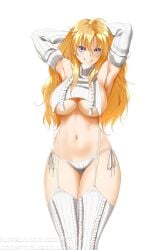 1girls blonde_female blonde_hair hands_behind_back hands_behind_head kimmy77 long_hair long_hair_female posing purple_eyes rwby smiling underboob virgin_destroyer_sweater white_background yang_xiao_long