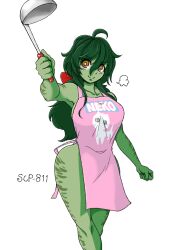 1girls 2022 apron big_breasts brown_eyes cowboy_shot cute female female_only green_hair green_skin ladle looking_at_viewer monster_girl naked_apron pink_apron scp-811 scp_foundation solo sophora09 standing stripes tagme thick_thighs