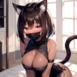 ai_generated bent_over big_breasts black_cat black_hair blush blush boob_window brown_eyes cat_ears catgirl choker collar costume covered_mouth covering_mouth dark-skinned_female dark_hair fanart fansly hazel_eyes huge_breasts kemono kemonomimi lingerie mask masked masked_female neko neko_ears onlyfans purrabella purrabella shy softcore thick_thighs