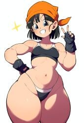 1girl 1girls aged_up ai_generated athletic_female bandana black_clothing black_hair blue_eyes calvin_klein cameltoe dragon_ball dragon_ball_gt dragon_ball_z gloves grin huge_thighs looking_at_viewer muscular_female novelai pan_(dragon_ball) peace_sign short_black_hair short_hair smile solo solo_female sports_bra thick_thighs thong white_background wide_hips