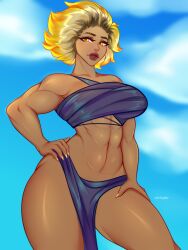 1girls abs blonde_hair dark-skinned_female dark_skin golden_eyes league_of_legends muscular_female orange_eyes rell_(league_of_legends) solo