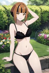 1girls ai_generated artist_request black_bra black_panties clothed_female garden gardenia_(pokemon) lingerie_bra lingerie_only multicolored_hair outside panties pokemon pokemon_bdsp pokemon_dp_(manga) pokemon_dppt pokemon_dppt_(anime) short_hair stable_diffusion