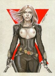 1girls black_widow_(marvel) bodysuit breasts_out marvel marvel_comics medium_breasts scarlett_johansson solo standing yuranart