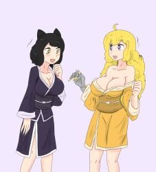 2girls black_hair black_hair_female blake_belladonna blonde_female blonde_hair cleavage fjtiko kimono multiple_girls purple_eyes robotic_arm rwby sleepwear yang_xiao_long yellow_eyes zronku