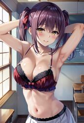 1girls ai_generated alde amasawa_ichika armpits arms_above_head belly_button blushing bow_bra busty_female classroom_of_the_elite female hair_ribbons looking_at_viewer no_shirt pink_hair red_bra schoolgirl showing_bra smiling_at_viewer solo_female solo_focus stomach twintails white_skirt yellow_eyes