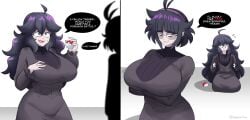 2girls a_womenscareme_classic ahoge attribute_theft baggy_clothing breast_expansion breast_reduction commission dialogue dress emmarrgus glasses growth headband hex_maniac huge_breasts keiko_(emmarrgus) matching_outfit mole_under_eye original original_character pokemon robe smug sweat sweater