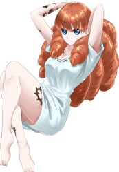 1girls artist_request blue_eyes curly_hair hands_behind_head long_hair medium_breasts melie orange_hair radiant sitting smile smiling tagme tattoo tattoo_on_legs tattooed_arm tattoos white_background