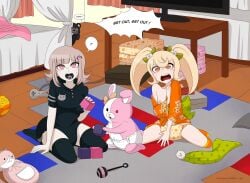 2girls abdl breasts_out danganronpa diaper embarrassed female large_breasts merunyaa monokuma monomi_(danganronpa) multiple_girls nanami_chiaki onesie pacifier saionji_hiyoko