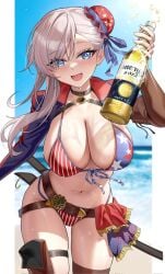 1girls alcohol american_flag_bikini artist_request asymmetrical_hair beer beer_bottle bikini blue_eyes blush bottle breasts fate/grand_order fate_(series) female hips huge_breasts light-skinned_female light_skin long_hair miyamoto_musashi_(fate) miyamoto_musashi_(swimsuit_berserker) pink_hair smile swimsuit thick_thighs thighs wide_hips