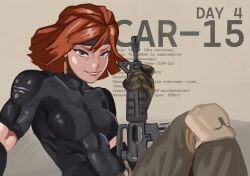 1girls athletic_female breasts clothing earrings eyebrows female firearm fit fit_female fully_clothed ginger ginger_hair gray_eyes gun headband knee_pads meryl_silverburgh metal_gear metal_gear_solid military_uniform orange_hair pants redhead rifle russian_text short_hair sitting smile solo tagme text tight_clothing tomboy weapon