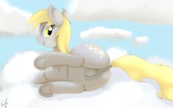 2016 anus ass blonde_hair cloud crotchboobs cutie_mark derpy_hooves dock equine eyelashes female feral friendship_is_magic hair hi_res hooves horse long_hair lying mammal matimus91 my_little_pony on_cloud on_side open_mouth pony pussy sky smile solo underhoof yellow_eyes