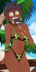 1girls bikini black_hair bracelet dark-skinned_female dark_skin earrings flag_bikini flag_print hoop_earrings jamaican_flag lightsource original pointy_ears popsicle sharp_teeth short_hair smile solo yellow_eyes zaffre_(lightsource)