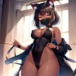 ai_generated big_breasts black_cat black_hair brown_eyes cat_ears catgirl costume covered_mouth covering_mouth dark-skinned_female dark_hair fanart fansly hazel_eyes huge_breasts kemono kemonomimi mask masked masked_female neko neko_ears onlyfans purrabella purrabella thick_thighs tight_clothing