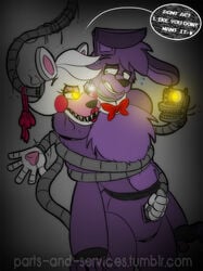 animatronic bondage bonnie_(fnaf) bound canine felinesyndr0me female five_nights_at_freddy's five_nights_at_freddy's_2 fox glowing glowing_eyes lagomorph machine male mammal mangle_(fnaf) rabbit restrained robot straight video_games