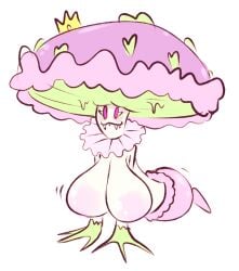 anthro big_breasts breasts crown cute_fangs fangs female female_only female_pokemon flora_fauna frilled_choker front_heavy_breasts fungi_fauna hanging_breasts limited_palette long_breasts low_hanging_breasts mini_crown monster_girl mushroom mushroom_girl mushroom_hair neckwear pendulous_breasts pink_body pink_theme pokémon_(species) pokemon pseudo_hair shiinotic shiny_breasts simple_background tummysoup white_background