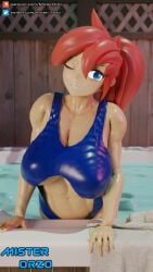 1girls 2022 3d abs blender blue_eyes breasts female fit fit_female huge_breasts misterorzo navel one_eye_closed original ponytail pool red_hair solo swimsuit tagme vaki_velho water