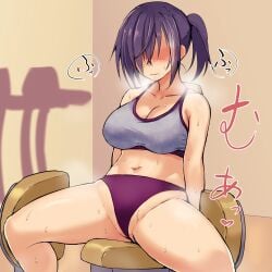 1girls bangs bare_shoulders blush breasts cleavage collarbone gym heavy_breathing large_breasts navel nonaga_(shiro_maru) panties partially_visible_vulva ponytail purple_hair purple_panties shiro_maru side_ponytail sitting solo sports_bra spread_legs sweat thighs underwear