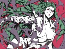 1girls breasts convenient_censorship darkstalkers demon_girl demon_wings flat_colors green_hair large_breasts living_clothes long_hair morrigan_aensland parted_lips red_background red_eyes succubus takatsuki_ichi