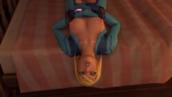 1girls after_deepthroat after_fellatio after_oral breasts_out cum_in_mouth cum_on_face facial female_only head_back henrytaiwan lying_on_back metroid on_back on_bed samus_aran solo solo_female true_facials zero_suit zero_suit_samus