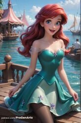 1girls :d ai_generated aqua_dress ariel ariel_(the_little_mermaid) artist_name bare_shoulders blue_eyes blue_sky boat breasts cleavage cloud collarbone day disney disney_princess dress freckles green_dress hi_res long_hair looking_at_viewer medium_breasts ocean off-shoulder_dress off_shoulder open_mouth outdoors pantyhose patreon_username progenarts red_hair see-through ship skirt_hold sky small_breasts smile solo_focus the_little_mermaid the_little_mermaid_(1989_film) water watercraft watermark web_address