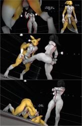 3d_(artwork) absurd_res alstri anthro ballbusting bandai_namco cock_and_ball_torture comic digimon digimon_(species) digital_media_(artwork) dominant dominant_female duo english_text female fight flaccid foreskin genital_torture genitals hi_res kick_in_the_balls male male/female nude penis renamon source_filmmaker text wide_stance