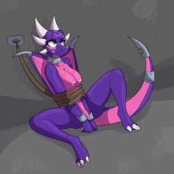 activision anthro big_breasts blue_eyes blush bondage bound breasts claws cynder dragon female female_only horn nipples pink_body pink_skin purple_body purple_skin pussy solo spyro_the_dragon umbreveon wings