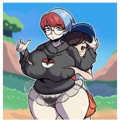 2024 2d 2d_(artwork) 2girls alternate_breast_size big_breasts big_thighs blue_hair blue_sky breasts brown_hair cliff erect_nipples glasses grabbing grabbing_breasts grabbing_from_behind grass grey_eyes groping groping_breasts groping_from_behind huge_breasts huge_thighs keenkix large_breasts long_fingernails long_nails looking_at_another mountain multiple_girls nintendo panties penny_(pokemon) pokemon pokemon_sv red_hair see-through see-through_skirt shiny_ass shiny_breasts shiny_butt shiny_hair shiny_skin short_hair skirt sweater thick_thighs thighs white_skin