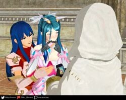 1boy 2girls 3d blue_eyes blue_hair blush breasts caeda_(fire_emblem) embarrassed female female_focus fire_emblem fire_emblem:_mystery_of_the_emblem fire_emblem:_shadow_dragon_and_the_blade_of_light gloves hair_between_eyes heavy_blush indoors kiran_(fire_emblem) kiran_(fire_emblem)_(male) long_hair looking_away medium_breasts mikey_obscurest nintendo oribe_tsubasa phone ponytail presenting presenting_breasts shy shy_smile smartphone smile teal_eyes teal_hair tokyo_mirage_sessions_#fe