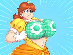 1girl 1girls 2023 2d 2d_(artwork) big_breasts bra breasts brown_hair clothing crown dress ear_piercing earrings female female_only fimif flashing flashing_breasts freckles freckles_on_breasts freckles_on_face gloves green_bra huge_breasts looking_at_another mario_(series) nintendo orange_hair princess_daisy short_hair showing_breasts showing_off showing_off_breasts solo solo_female tight_clothing white_skin